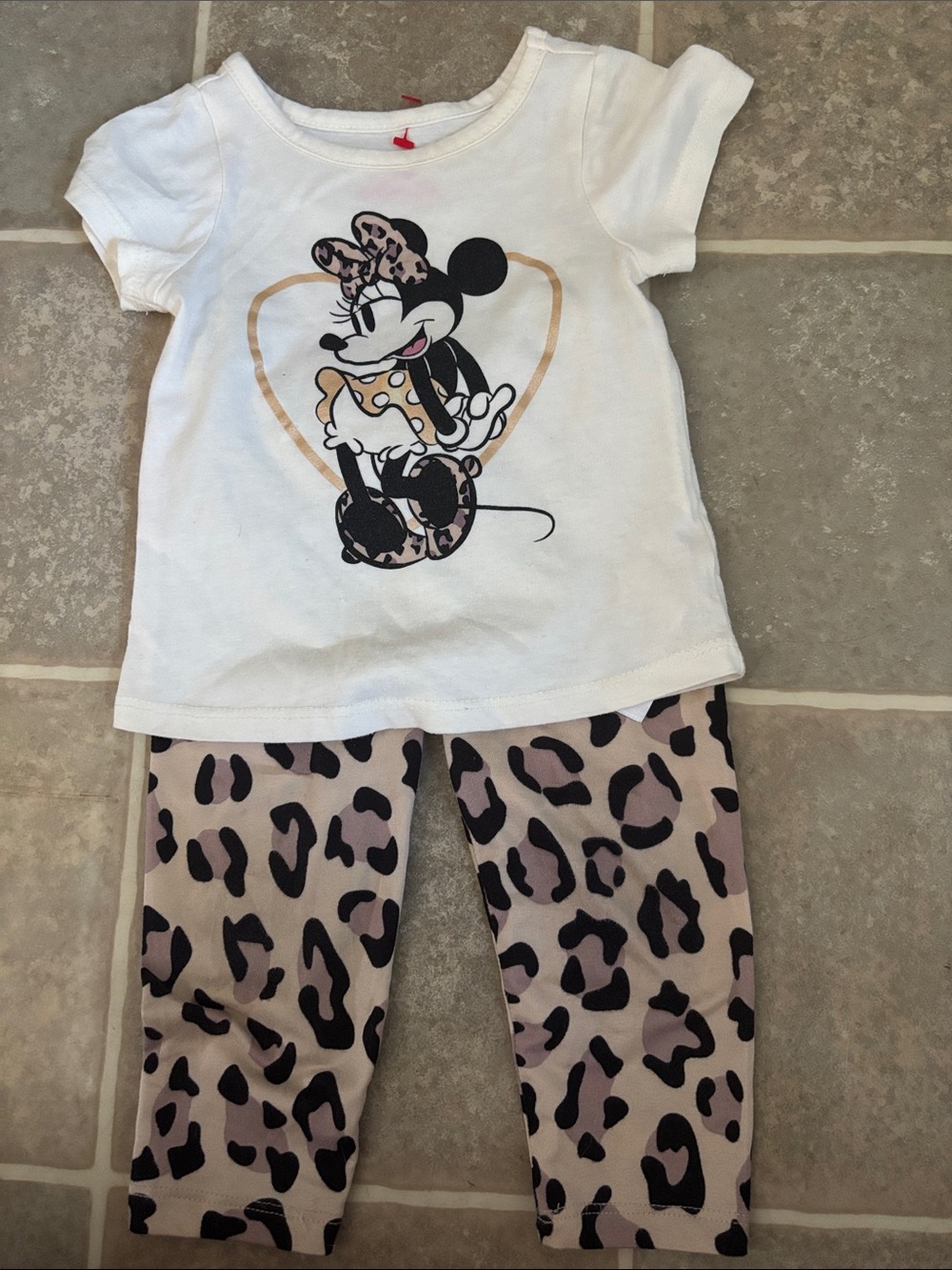 12M Girls White Minnie Mouse Top with Pink Leopard Leggings Set